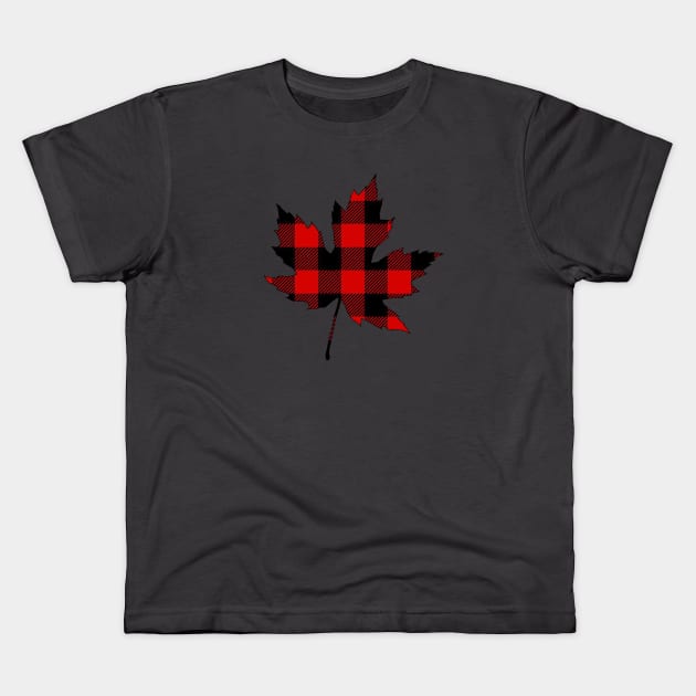 Red Plaid Maple Leaf Kids T-Shirt by ACGraphics